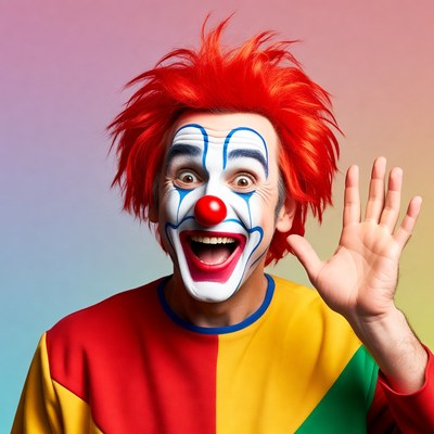 Clown with colorful makeup waves hello