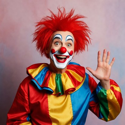 Clown with colorful costume waving