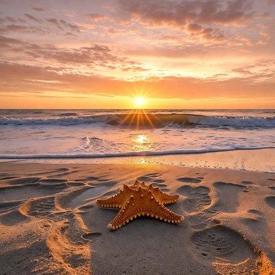 Starfish on sand at sunset