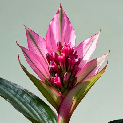 Pink flower with green leaves at close range
