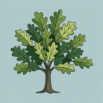 Oak tree with green leaves in simple design