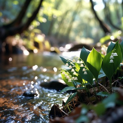 Flowers by the stream in sunlight