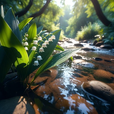 Water flows through green plants near rocks