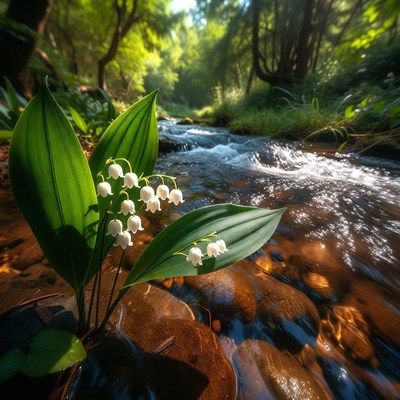 White flowers by a stream in the woods