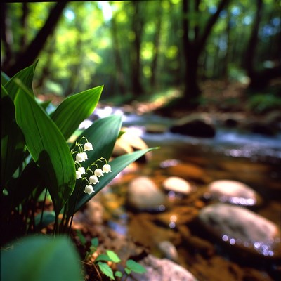 Flowers near a flowing stream in the forest