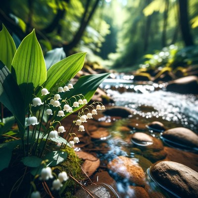 Flowers next to a stream in a forest