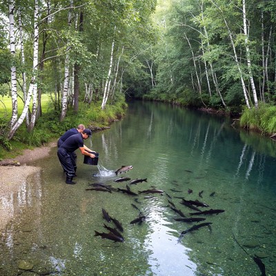 Man feeds fish in clear stream