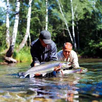 Men catch fish in river