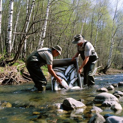 Two men carry fish in stream