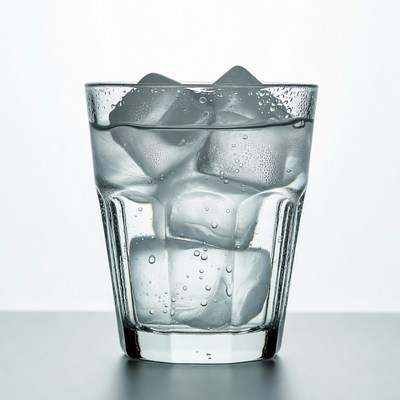 Glass filled with ice cubes and water