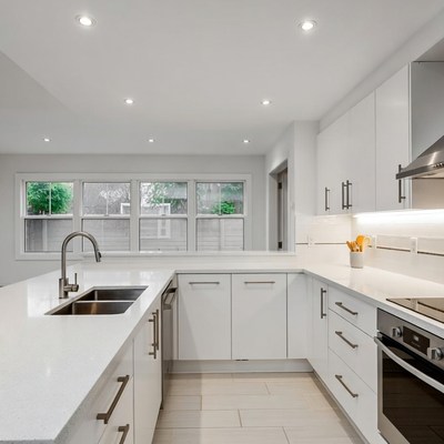 Modern kitchen with open layout and bright windows