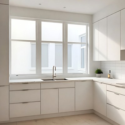 Modern kitchen, large windows, simple style