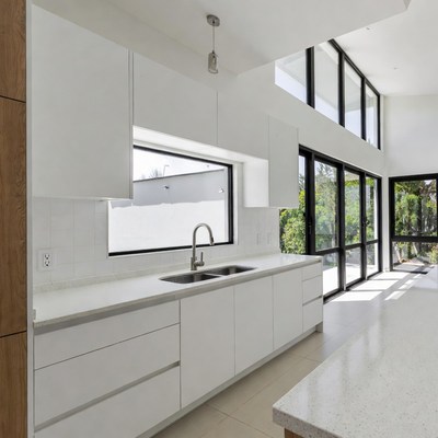 Modern kitchen design with large windows