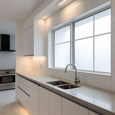 Modern kitchen with large window and sink