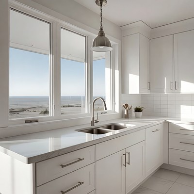Bright kitchen with ocean view at sunrise