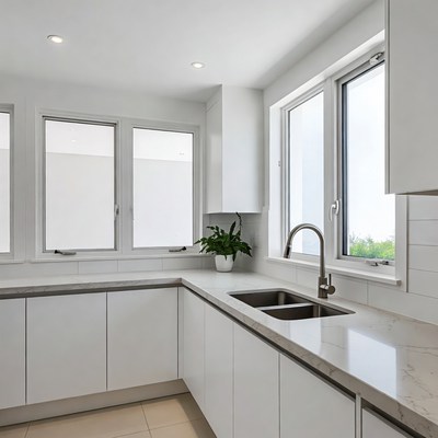 Modern kitchen design with windows and sink