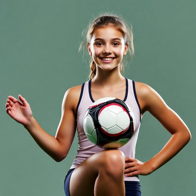 Girl posing with soccer ball indoors
