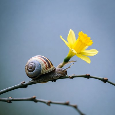 Snail on a branch with flower