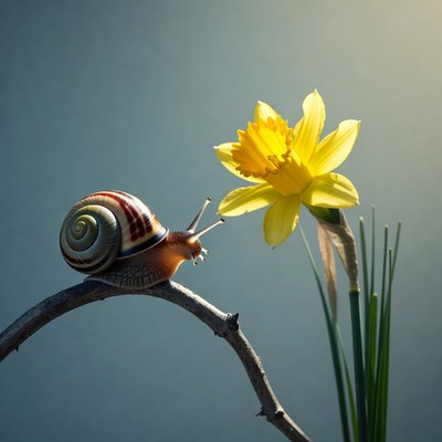 Snail on twig near yellow flower