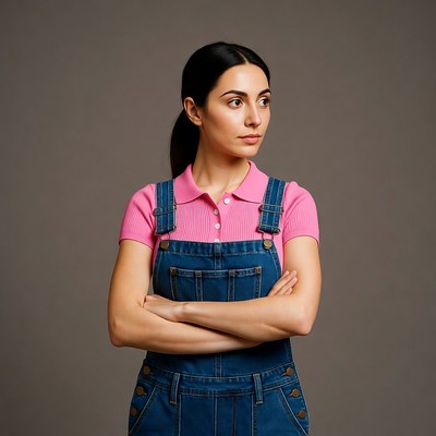 Woman in pink top and overalls
