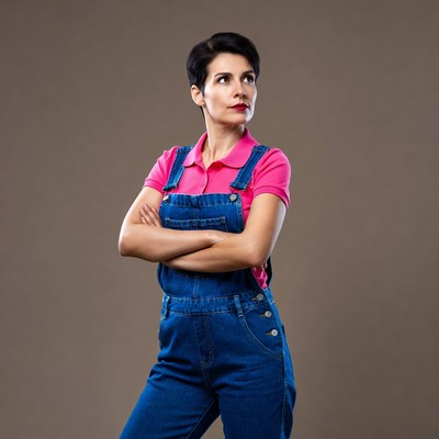 Woman in denim overalls poses confidently