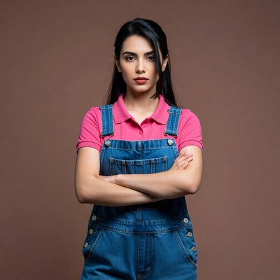 Model poses in denim overalls
