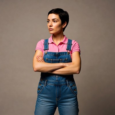 Woman in denim overalls poses for studio shot