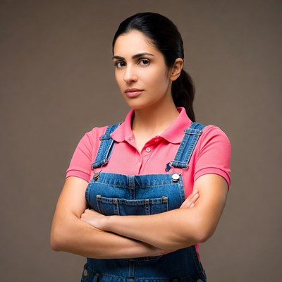 Woman with crossed arms in blue overalls