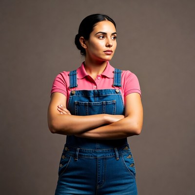 Woman in denim overalls posing indoors