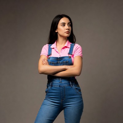 Woman in denim overalls poses indoors