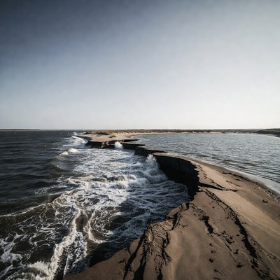 Waves clash on sandy shore near water