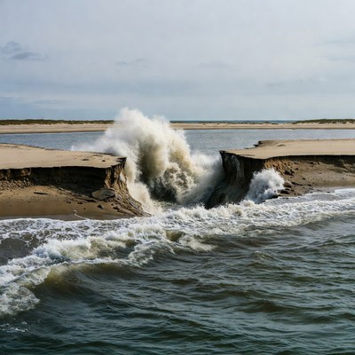 Waves crash on eroding shore