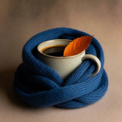 Warm drink with autumn leaf on a cozy background