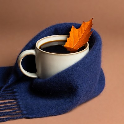 Coffee cup with leaf on scarf