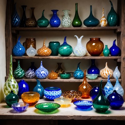 Colorful hand-blown glass on display
