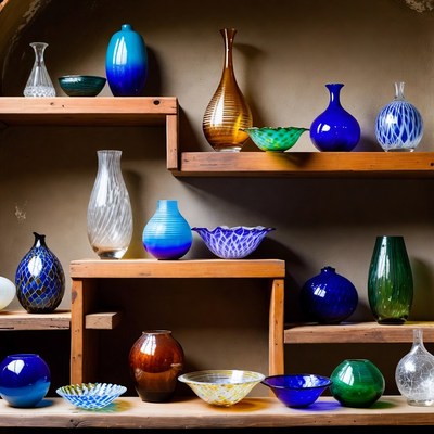 Colorful glass vases on wooden shelves