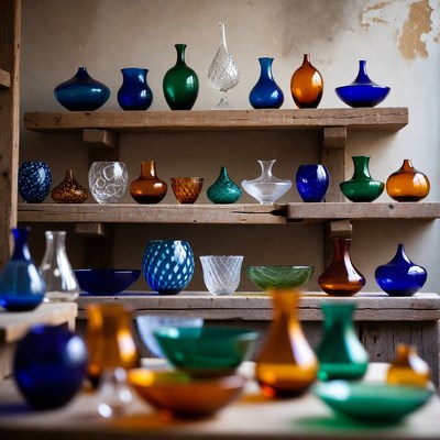 Colorful glass display on wooden shelves