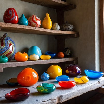 Colorful glass vases on wooden shelves