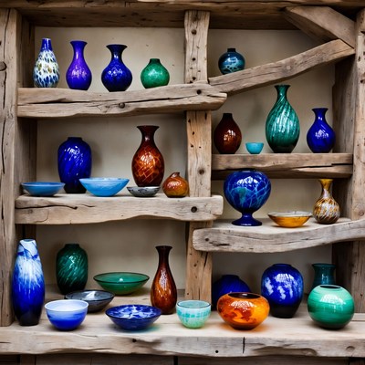 Colorful pottery on wooden shelves