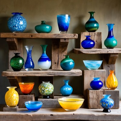 Colorful glass vases on wooden shelves