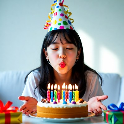 Girl blowing out candles on birthday cake