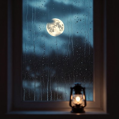 Moonlight through rainy window