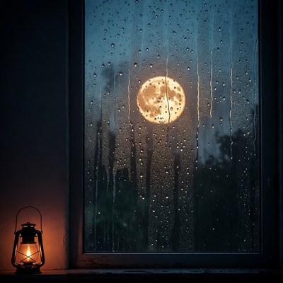 Moonlight through rainy window at night