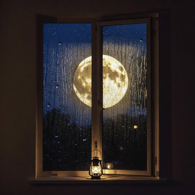 Full moon seen through a rainy window