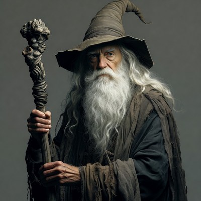 Old man with staff poses in dark room