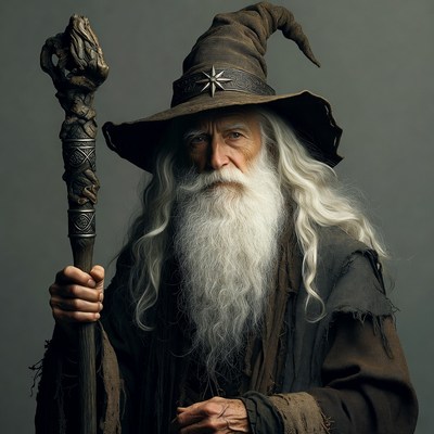 Wizard holding a staff on a plain background