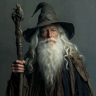 Elderly man with a staff and cloak