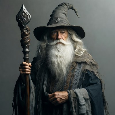 Wizard holding staff in dim light
