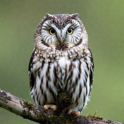 Owl perches on branch outdoors