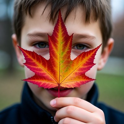 Boy holding a leaf in autumn